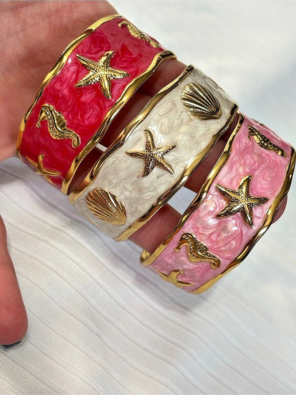 3-Piece Coastal Cuff Bracelet Set in Pink, Red and White